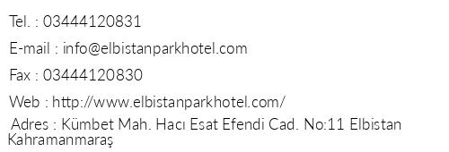 Grand Elbistan Park Hotel telefon numaralar, faks, e-mail, posta adresi ve iletiim bilgileri